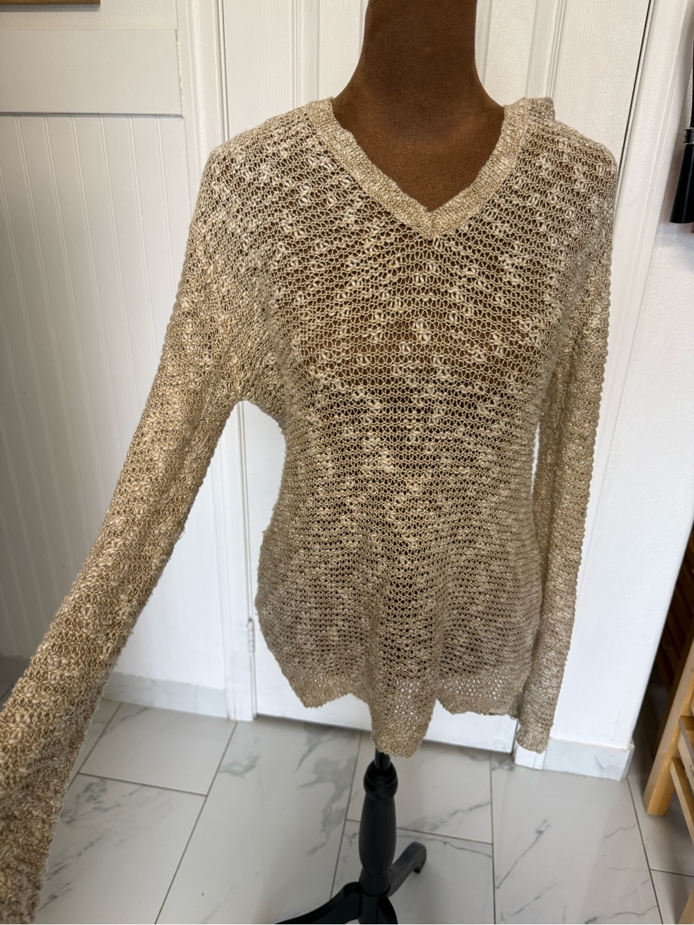 Roxy Open-Knit V-Neck Sweater in Light Tan